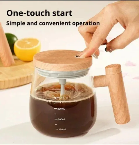 Wood-Accent Self-Stirring Glass Mug