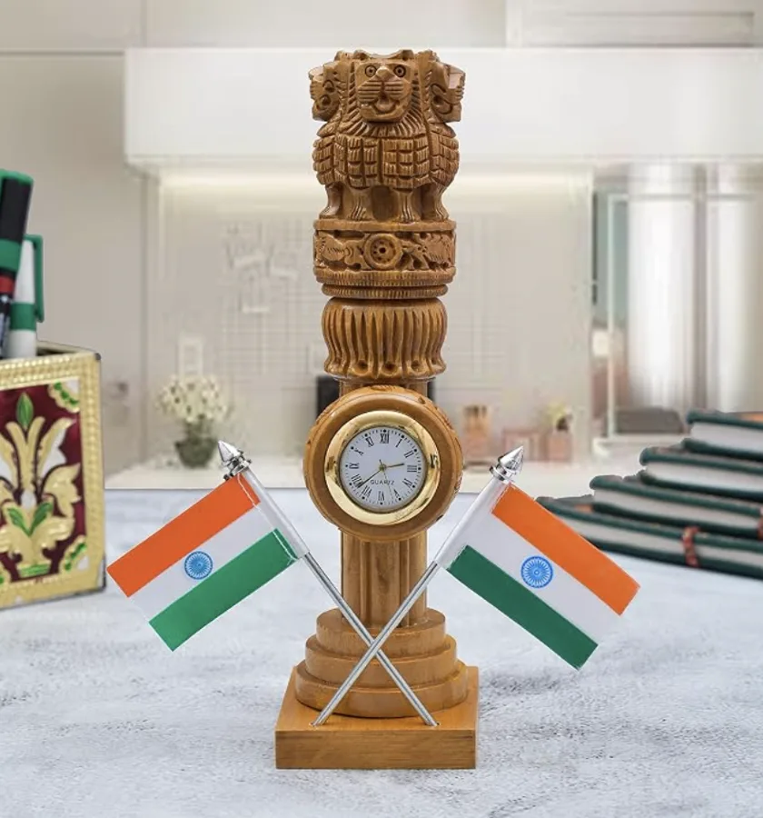 Ashoka Pillar Desk Clock with Flags