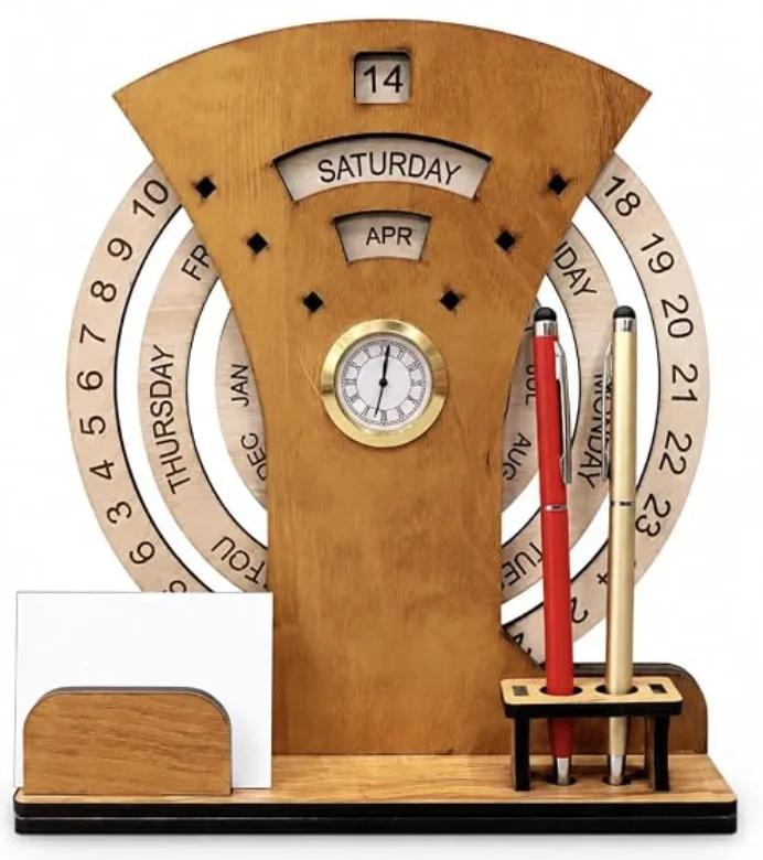 Wooden Perpetual Desk Calendar with Clock