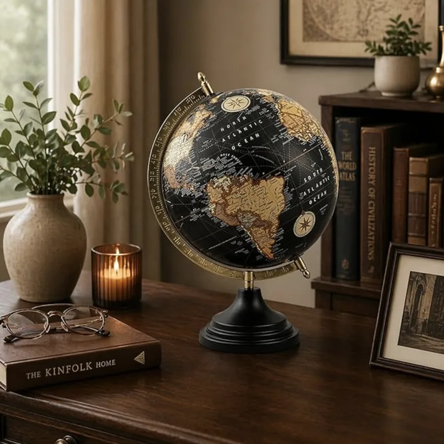 Vintage Black Globe with Metal Meridian