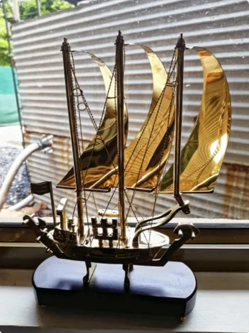 Brass Sailing Ship on Wooden Base